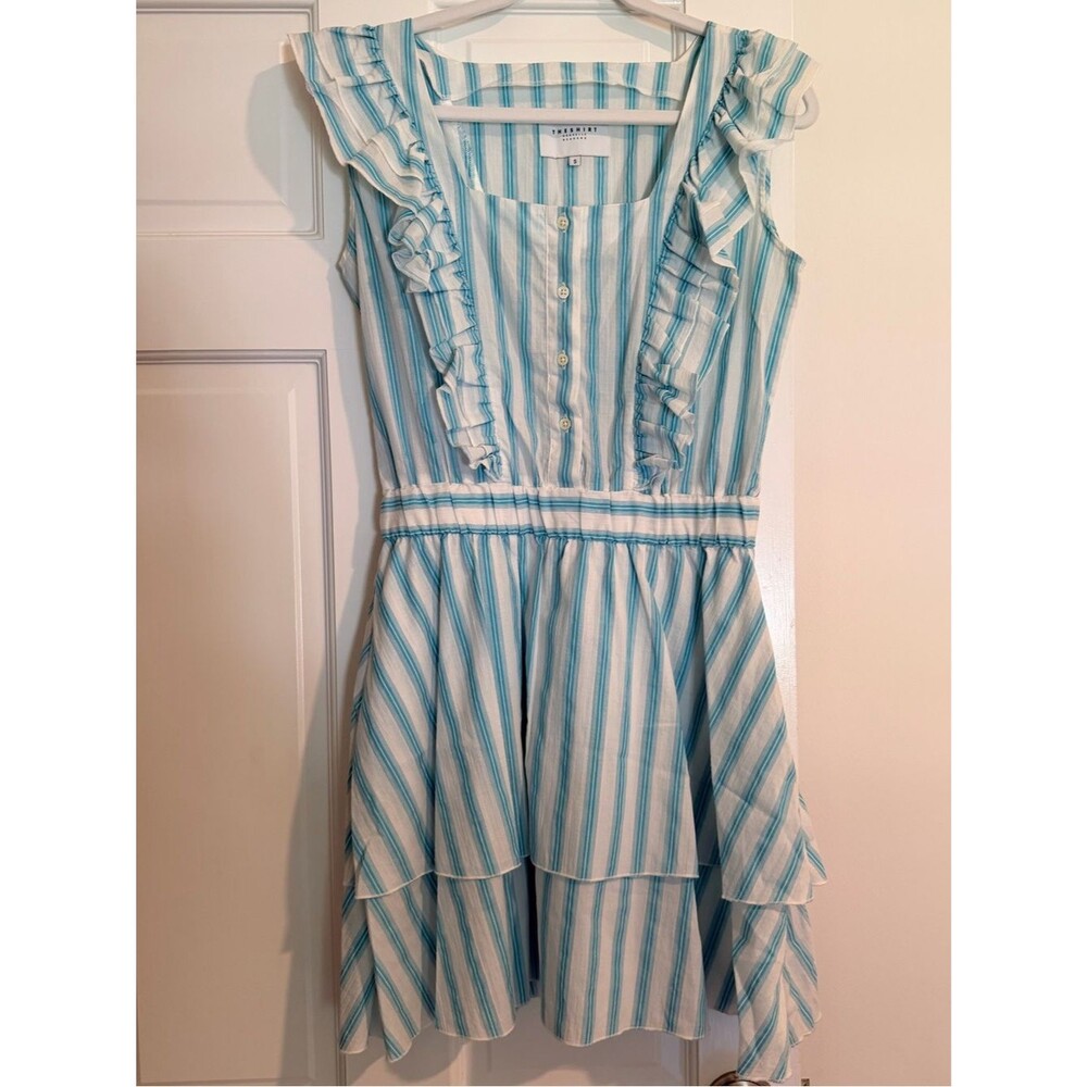 The Shirt by Rochelle Behrens Stella Ruffle Dress Blue Stripe Button Down Small